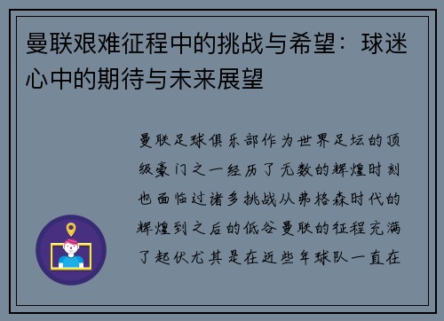 曼联艰难征程中的挑战与希望：球迷心中的期待与未来展望